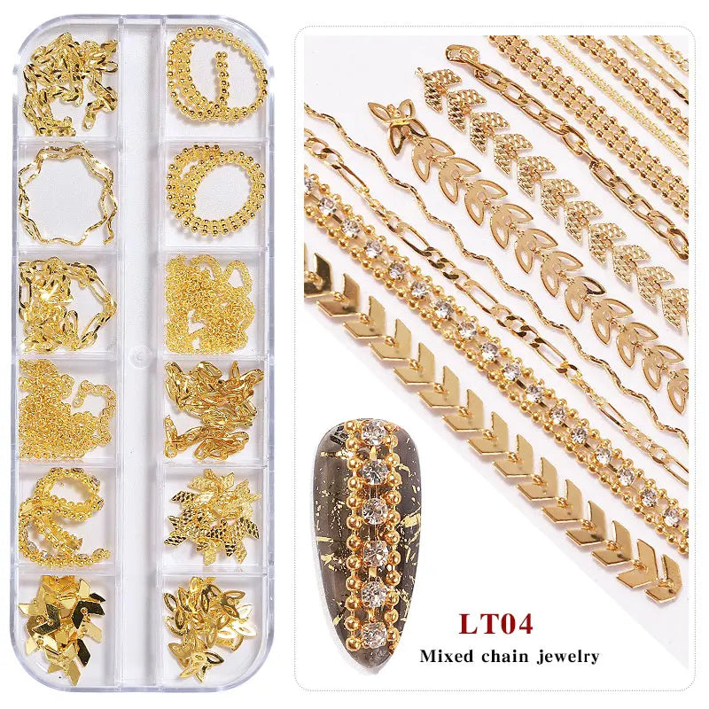 12 Grid Mixed Style Nail Chain Jewelry For DIY Art Decoration Fashion Metal Nails Accessories For Manicure Design