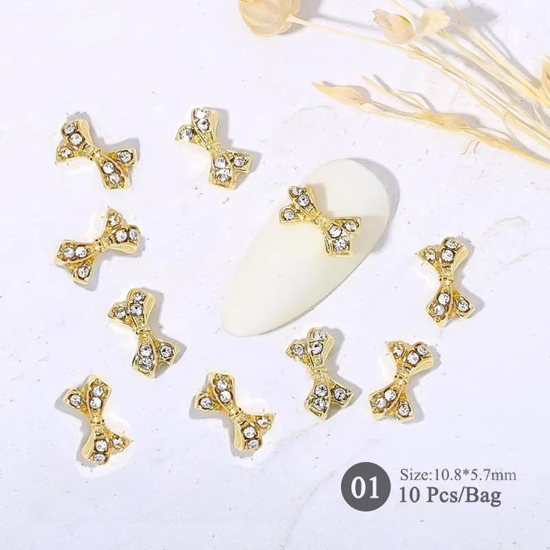 Aichashi 10pcs/bag Butterfly Shaped Nail Rhinestone Star Flower Nail Charm Silver Gold Alloy Nail Pearl Jewelry Accessories Nail Supplies