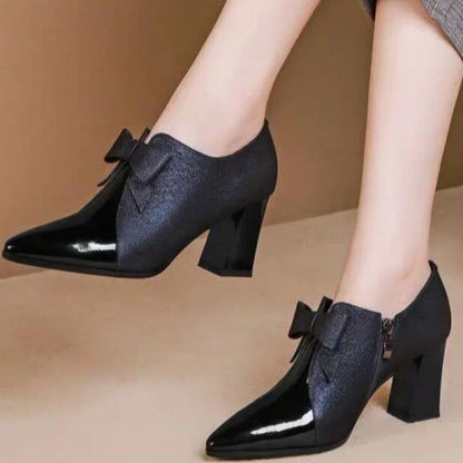 Aichashi 5cm Deep Mouth High Heels Women's Spring Autumn New Fashion Bow Versatile Elegant Pointed Thick Heel Single Shoes Women