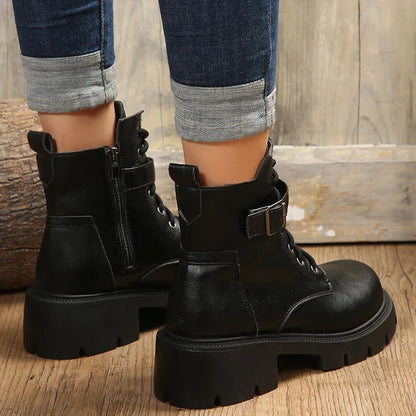 Aichashi Belt Buckle Platform Combat Boots Women Chunky Heels Lace Up Ankle Boots Woman Side Zipper PU Leather Short Booties Plus Size 43