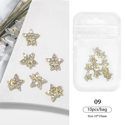 Aichashi 10pcs/bag Butterfly Shaped Nail Rhinestone Star Flower Nail Charm Silver Gold Alloy Nail Pearl Jewelry Accessories Nail Supplies