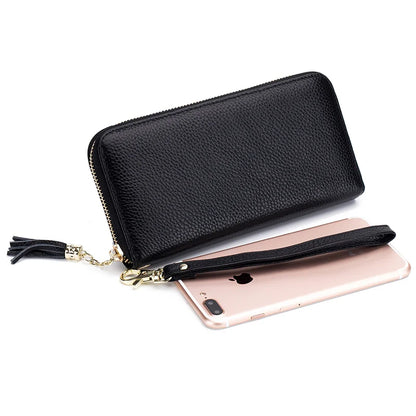 Aichashi Genuine Leather Women Solid Long Wallets Ladies Tassel Design Clutch Female Phone Money Bag Coin Zipper Purse Rfid Card Holder