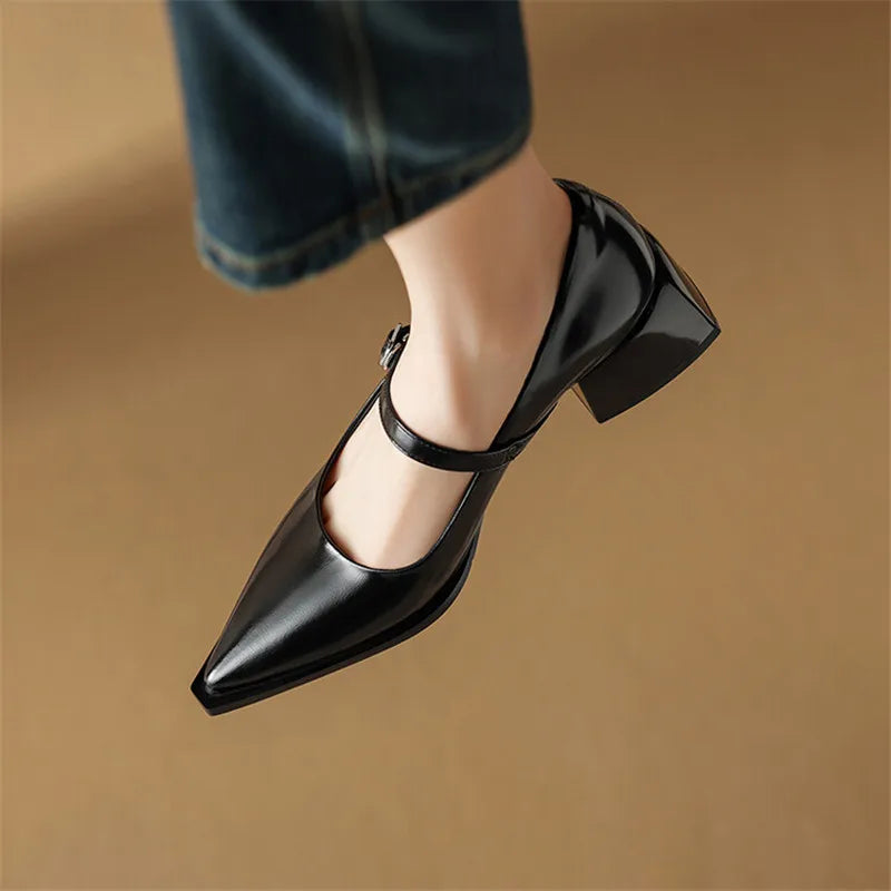 Aichashi New Spring Split Leather Women Shoes Pointed Toe Women Pumps Fashion Retro Mary Jane Shoes for Women High Heels Ladies Shoes