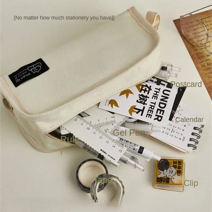 Aichashi BACK TO SCHOOL Ins Simplicity Pencil Case Pen Bag Solid Color White Black Pencil Bag Canvas High Capacity Stationery Storage Bag Student