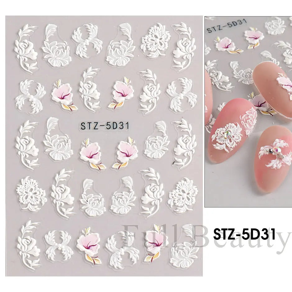 Aichashi 5D Simple Flowers Nail Embossed Stickers Elegant Wedding Design Adhesive Sliders Floral Textured Engraved Decoration Supplies