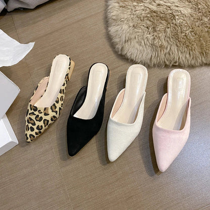 Aichashi 2024 Summer New Women's Fashion Slippers Pointy Leopard Print Design Light and Thin Low Heel Black Design Casual Shoes