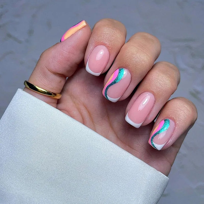 Colorful French Fake Nails Short Ballet False Nails Rainbow Gold Leaf Love Design Wearable Press on Nails Full Cover Nail Tips