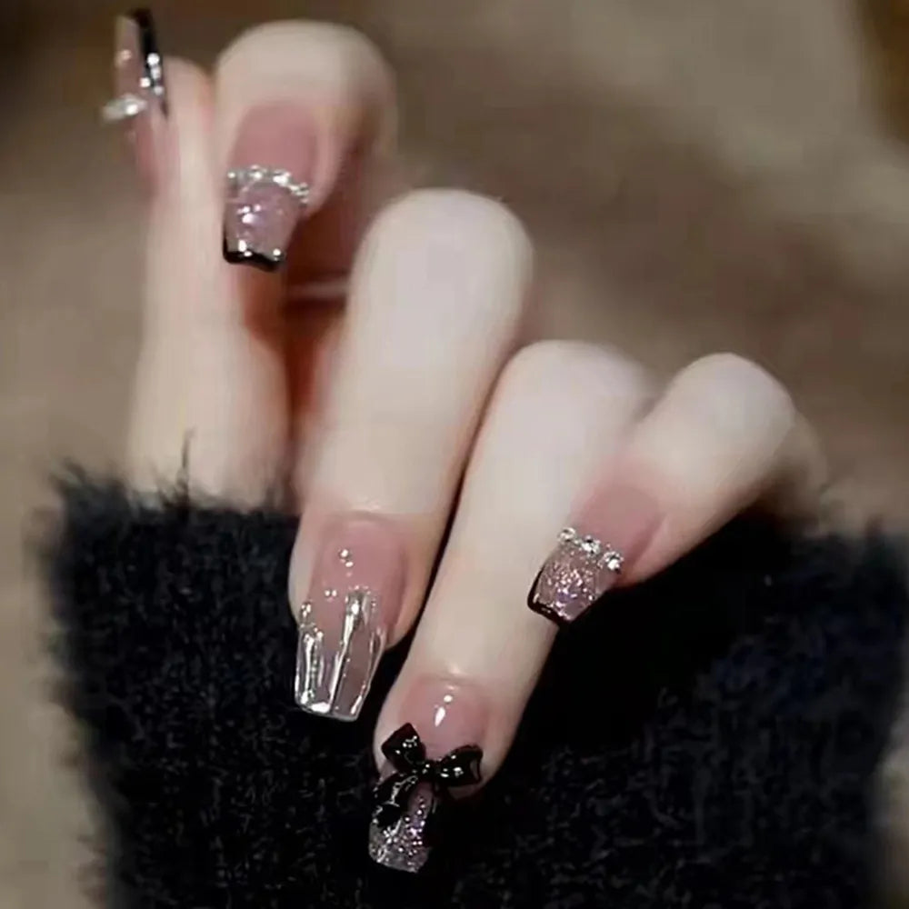 24PCS Glitter Press On Nails Korean Style Heart Rhinestone Design Coffin Fake Nails Full Cover Acrylic Nails Tips for girls Gift