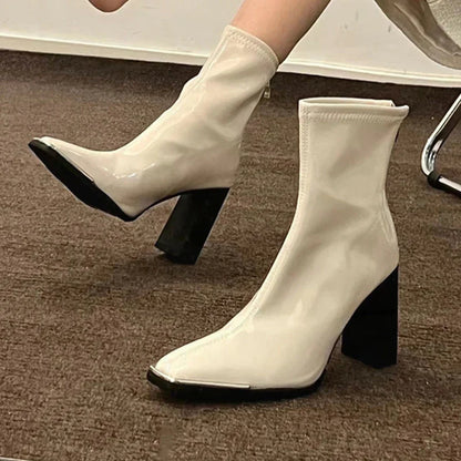 Aichashi Fashion Women Thick High Heel Ankle Boots Solid Patent Leather Office Pumps 2024 Autumn Mujer Square Toe Short Boots