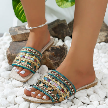 Aichashi Bohemian Style Flat Sandals Women Slides Summer Square Toe Outdoor Slippers Woman Plus Size Roman Shoes Flip Flops Mujer