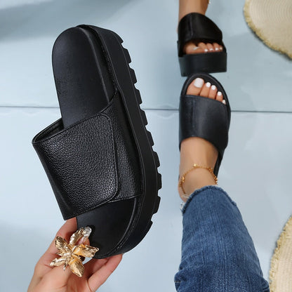 Aichashi Black PU Leather Platform Slippers Women Plus Size 43 Thick Soled Sandals Woman Summer Non-slip Slides Shoes Female