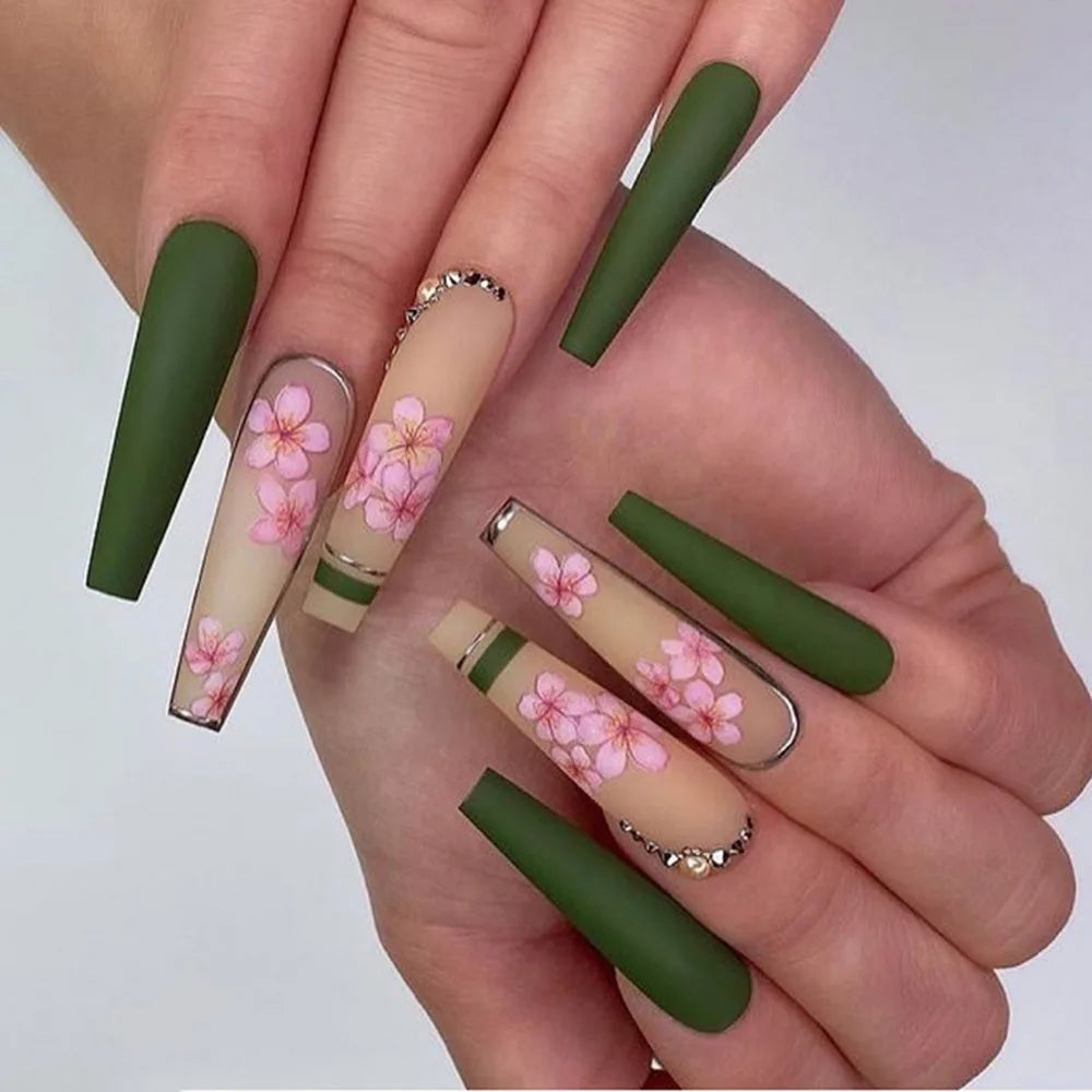 24 Pcs Glossy Long Coffin Press On Nails Green Gradient Style Fake Nails With Rhinestone Shiny  Reusable False Nails For Women