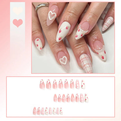 24PCS Sweet Strawberry Press on Nails French Pearl Design Almond False Nails Girl Gifts Detchable Full Cover Fake Nail Patches