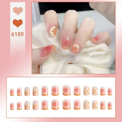 24pcs French Fake Nails Short Art Nail Tips Press Stick on False with Designs Full Cover Artificial Pink Wearable Christmas Tips