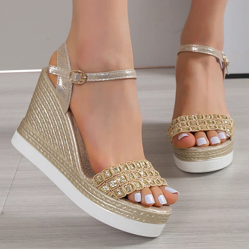 Aichashi Gold Silver Glitters Wedge Sandals Women Buckle Strap Chunky Platform Sandles Woman Summer Non-Slip Thick Sole Sandalias Mujer