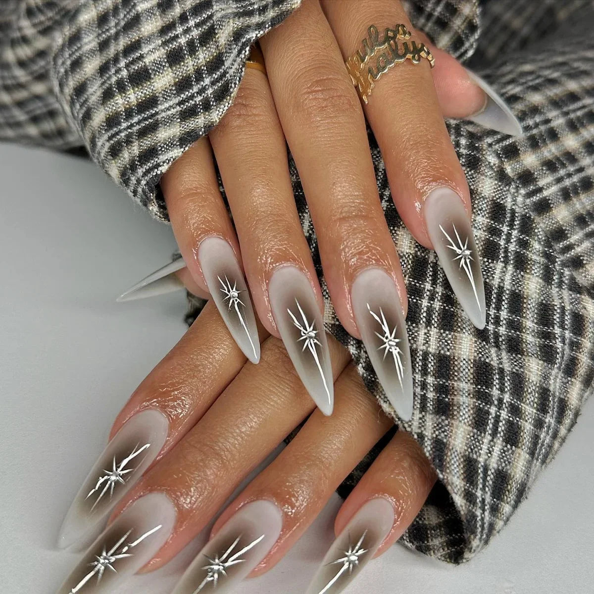 24Pcs Almond False Nails with Rhinestone Long Stiletto Fake Nails Gold Glitter Powder Design Press on Nails Full Cover Nail Tips