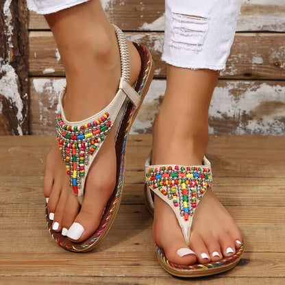 aichashi Clip Toe Bohemian Style Sandals for Women Fashion Mix Color Pearl Rome Sandals Woman New Flat with Non-Slip Beach Shoes