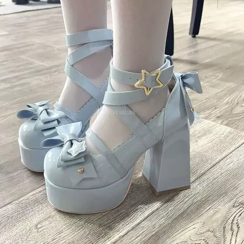 Aichashi 2024 New Sweet Vintage Mary Janes Shoes Women Star Buckle Lolita Kawaii Platform Shoes Female Bow-knot Cute Designer Shoes