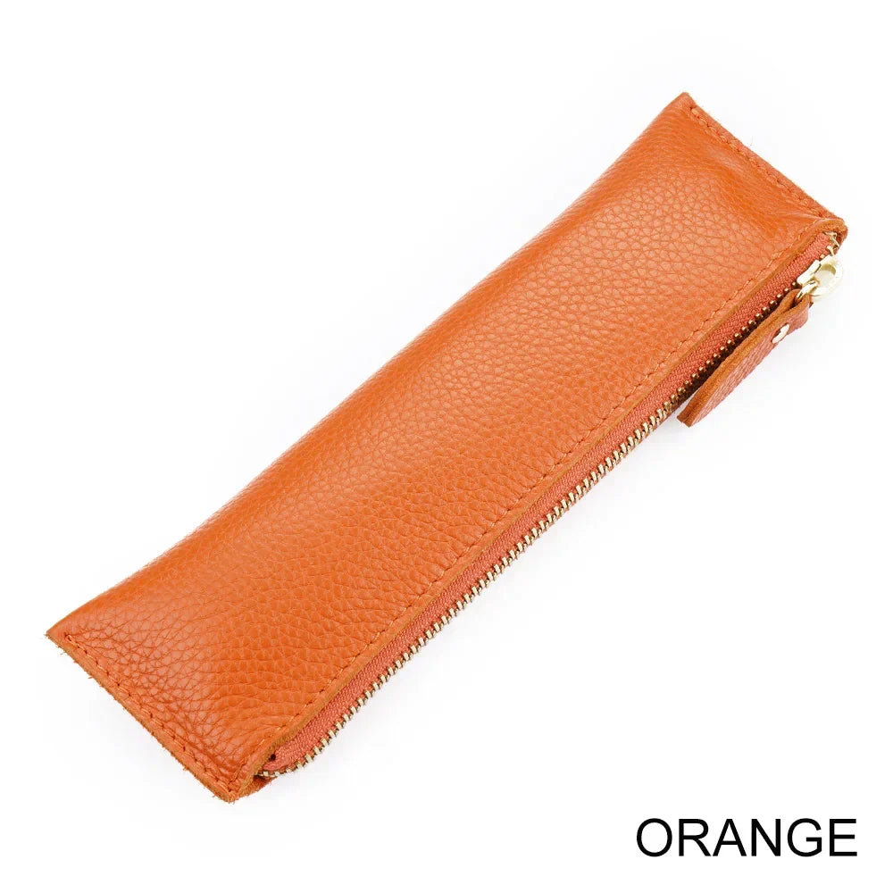 Aichashi BACK TO SCHOOL Natural Leather Zipper Pen Pencil Case Bag Pebbled Grain Leather Creative School Stationary Large Capacity Accessories Pen Pouch