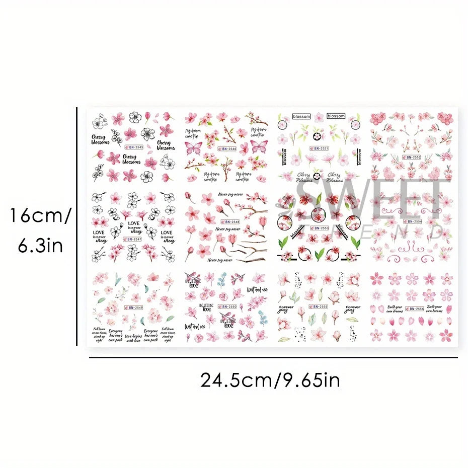 Aichashi 12pcs Pink Cherry Blossom Water Nail Sliders Winter New Year Sakura Floral Leaves Stickers DIY Charm Accessories Manicure Decor