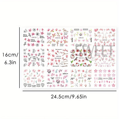 Aichashi 12pcs Pink Cherry Blossom Water Nail Sliders Winter New Year Sakura Floral Leaves Stickers DIY Charm Accessories Manicure Decor