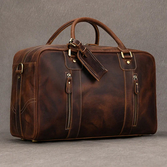 Aichashi Large Travel Bag Genuine Leather Vintage Style Luggage Bags Men Male Duffle Bags Travelling Bag Weekender Bags for Man