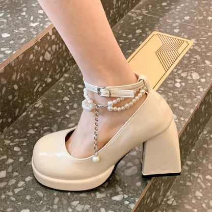 aichashi  -  Fashion Ankle Strap Pearl Pumps for Women New High Heels Platform Mary Janes Woan Round Toe Thick Heel Party Shoes Female