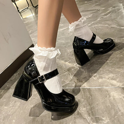 aichashi  - Patent Leather Platform Pumps Women Elegant Square Heels Mary Jane Shoes Woman Ankle Buckle High Heeled Shoes Female