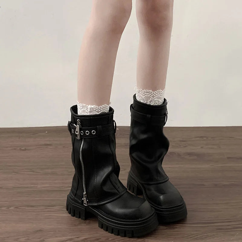 aichashi -  Winter Women Biker Boots Fashion Belt Buckle Ladies Elegant Platform Flats Short Booties Casual Women's Knight Booties