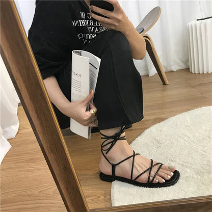 Aichashi 2024 Sandals Women Summer New Fashion Flat Open Toe Cross Lace-up Shoes Casual Elegant Lace-up Beach Gladiator Sandals Zapatilla