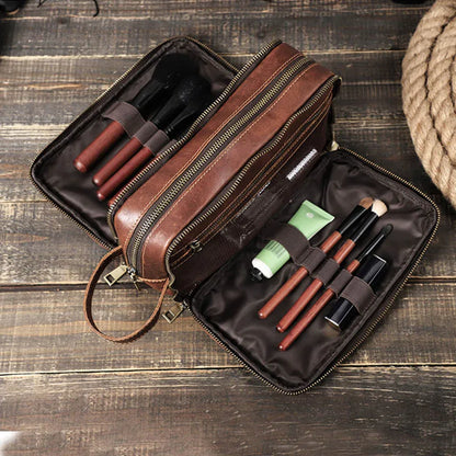 Aichashi Genuine Leather Cosmetic Bag Men Women Makeup Portable Wash Shower Case Waterproof Clutch Travel Toiletry Groomsmen Gift