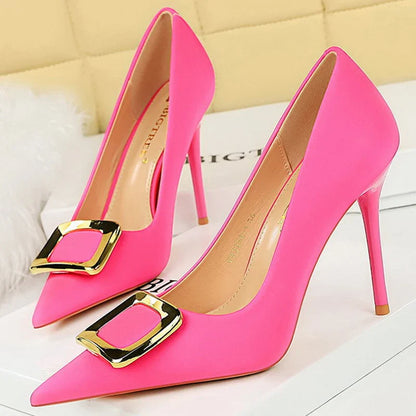 aichashi  -  Shoes Metal Buckle High Heels Women Shoes Silks Satins Pointed Toe Women Pumps Stilettos Fashion Office Shoes 10 Colors