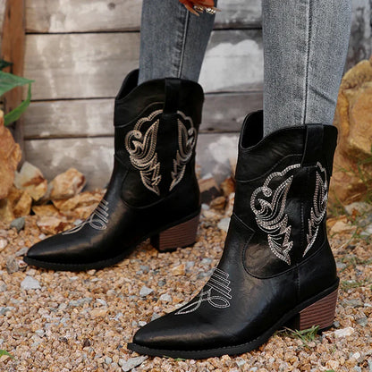 Aichashi Black Embroidery Western Cowboy Boots Women Plus Size Thick Heels Ankle Boots Woman Pointed Toe Slip On Short Booties