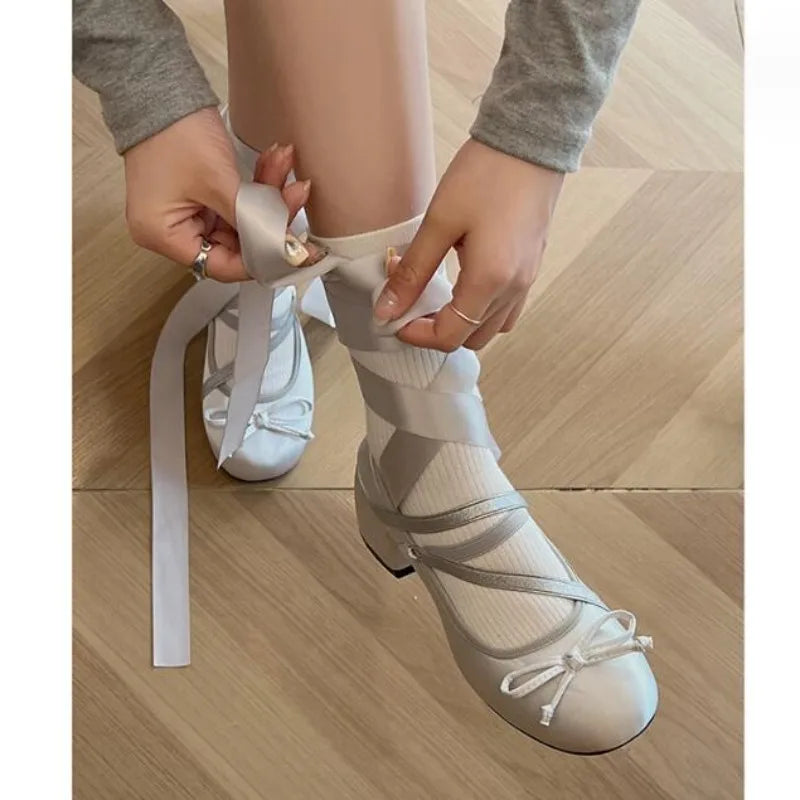 aichashi  -  Chunky Heels Lolita Pumps Shoes Hot Brand Spring Summer French Style Elegance Women Pumps Lace Up Ballet Style Single Shoes