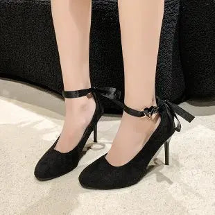 aichashi  -  Women Sexy Black Ankle Strap Thin High Heels Autumn New Woman Flock Round Toe Pumps Female Heart Buckle Fashion Shallow Pumps