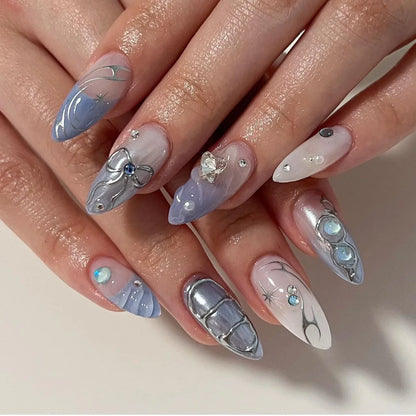 24Pcs Love Bow Almond Pink blue False Nails with glue French Glitter Fake Nails with Designs Full Cover Press on Nail Tips