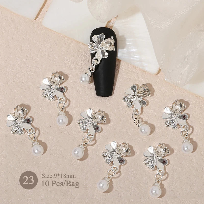 Aichashi 10pcs/bag Butterfly Shaped Nail Rhinestone Star Flower Nail Charm Silver Gold Alloy Nail Pearl Jewelry Accessories Nail Supplies