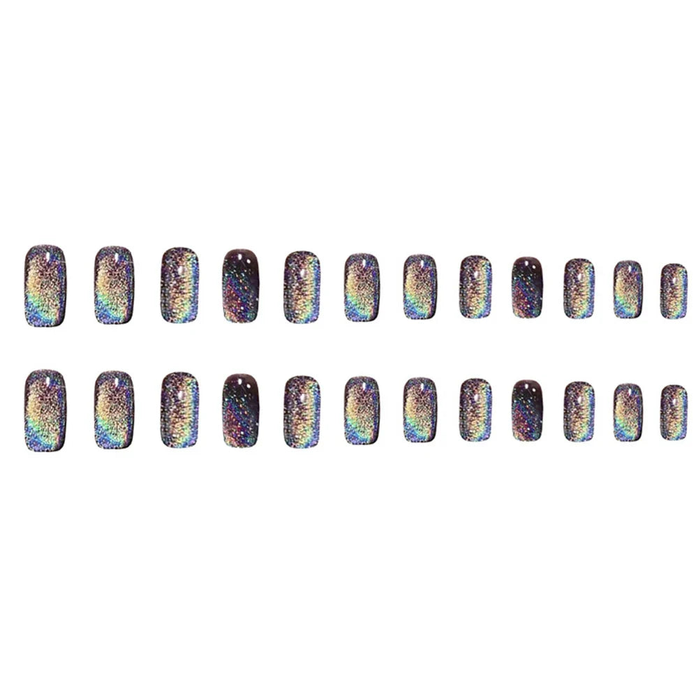 24pcs Aurora False Nail Cat Eye Black Fake Nail Full Cover Glitter Coffin Press on Nail Bride Lady Manicure Acrylic Nail Tip