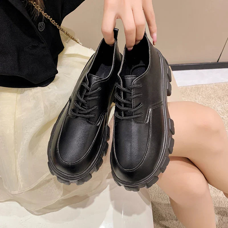 Aichashi 2024 New Spring Casual Women Loafers Leather British Style Thick-soled Women Shoes Lace-up Platform Student Girls Shoes