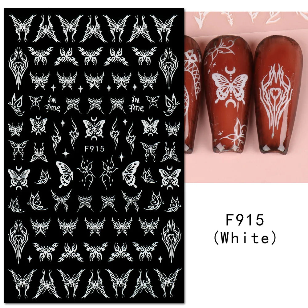 Aichashi 1PCS Black White Butterfly Laser Nail Stickers Y2K Nail Art Decoration Abstract Lines Bronzing Flowers Stickers For Nails