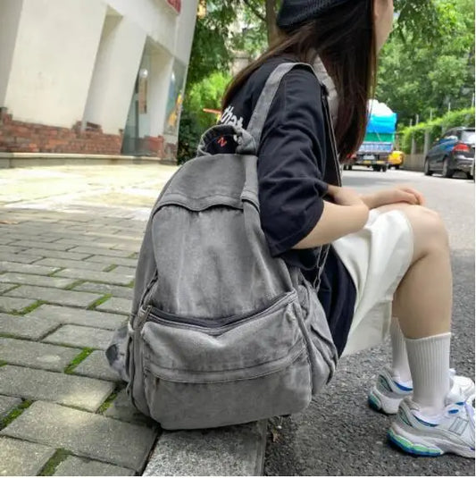 aichashi Retro Distressed Canvas Gray Backpack Girl College Female Book Travel Backpacks Cool DenimLaptop Lady Student Ruckpack Bags sac