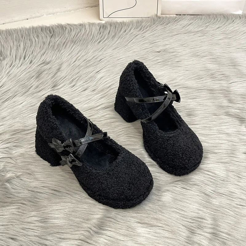 aichashi  -  Platform Lambs Wool Mary Jane Shoes for Woman Fashion Bowknot Fur Thick Sole Pumps Ladies Winter Warm Plush Dress High Heels