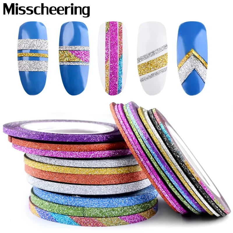 Aichashi 10 Rolls Glitter Nail Art Striping Tape Line Sticker Tips Decorations 3MM DIY Self-Adhesive 3d Decals Manicure Tools