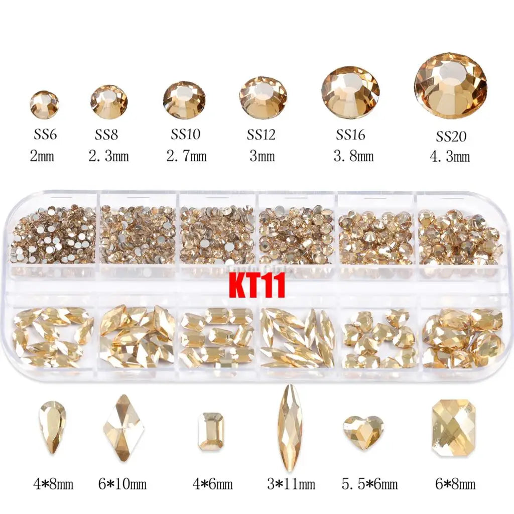 Aichashi 12 Grids Sparkle Translucent Colorful Mix Shapes Flatback Glass Diamonds Nail Art Rhinestones Jewel Decorations Manicure Charms