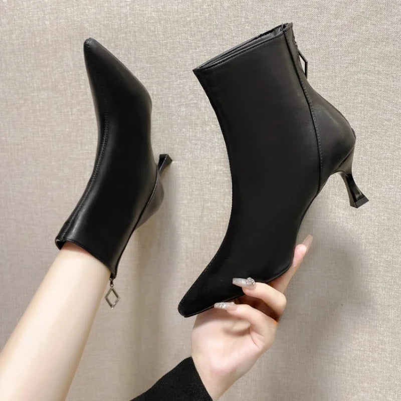 Aichashi High Heels Dress Shoes Pointed Toe Bare Boots Black Booties Thin Heeled Fashion Ankle Boots Retro Ladies Shoes Women's Boots