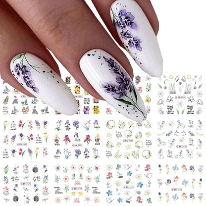 Aichashi 12 Designs Lily Flowers Nail Stickers White Flower Green Leaf Geometric Line Sliders Spring Floral Water Transfer Decals Slider