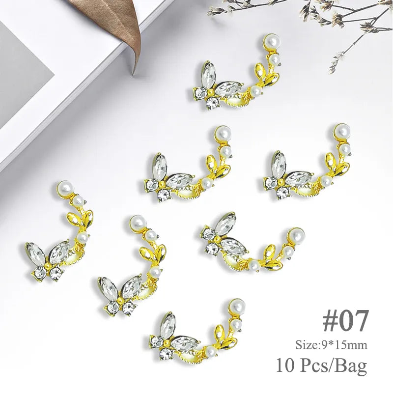 Aichashi 10pcs/bag Butterfly Shaped Nail Rhinestone Star Flower Nail Charm Silver Gold Alloy Nail Pearl Jewelry Accessories Nail Supplies