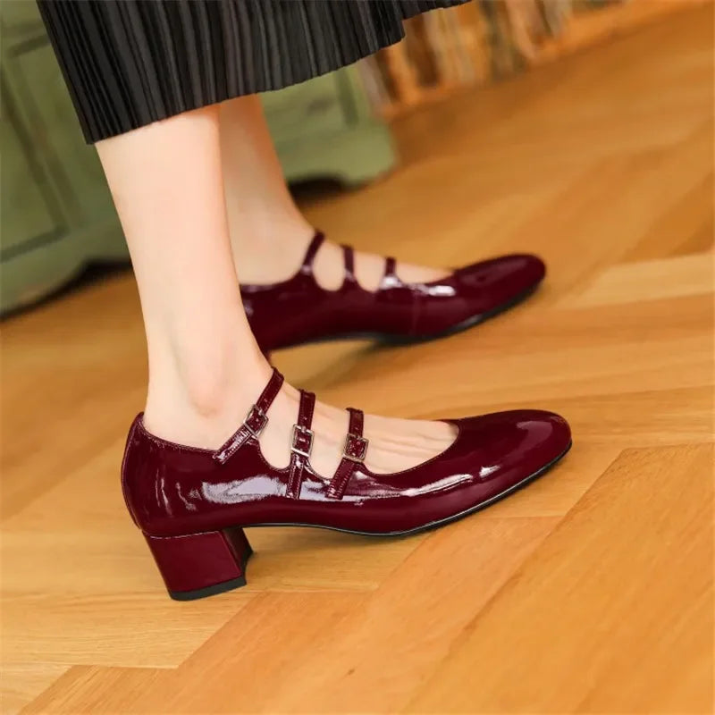 Aichashi 2024 Spring/summer Mary Jane Shoes Patent Leather Woman Shoe French Square Toe Thick Heel Shoes Women Buckle Strap Commute Pumps