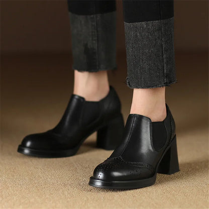 Aichashi 2024 New Spring Genuine Leather Women Shoes Round Toe Women Pumps Brogue Designs Shoes for Women High Heel Loafers Ladies Shoes