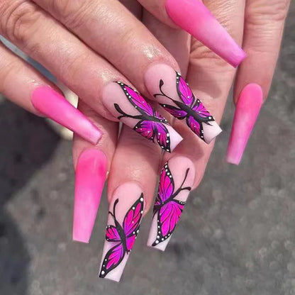 Aichashi 24Pcs Wearable Colorful Butterfly Designs French Press on Nails Long Ballet False Nails with Rhinestone acrylic Fake Nails tips